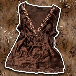 Embellished Brown V-Neck Women's Top